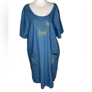 Blue J. 90s Denim Embroidered Shift Dress Pockets Long Length Scoop Neckline 1X